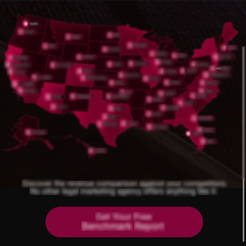 The original ad creative, blurred: a red map of the United States covered in glowing dots, with a button underneath.