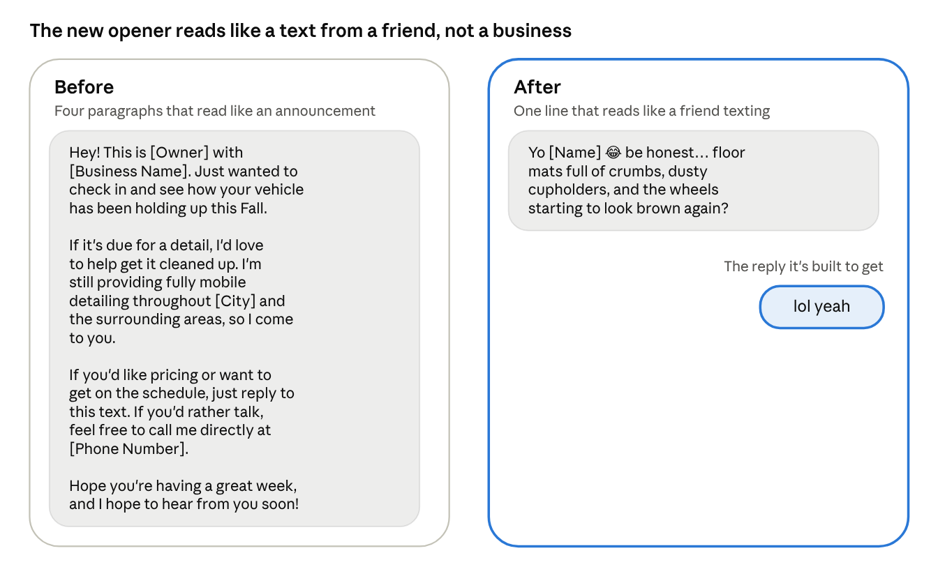 The detailer's original text (four paragraphs, reads like an announcement) next to the new one-line opener, which reads like a text from a friend, with the customer's reply: lol yeah.